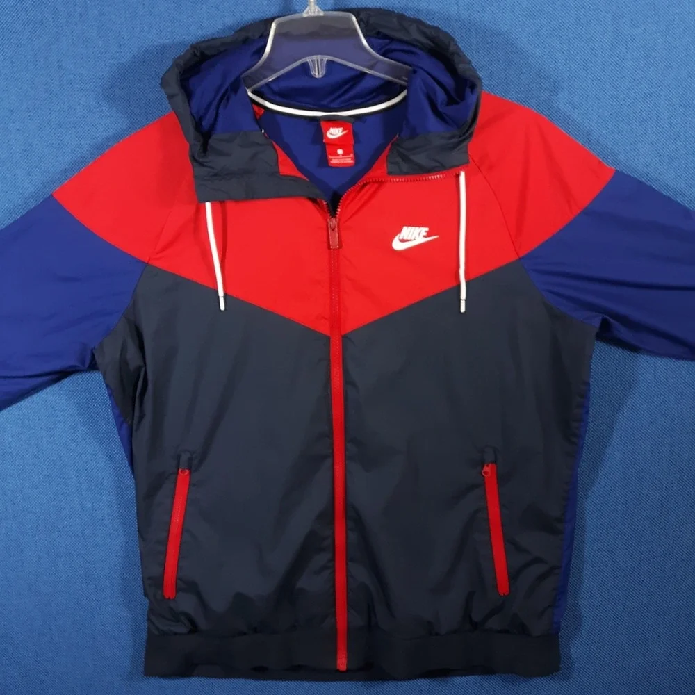 Nike Windbreaker Jacket Mens L Blue Red Colorblock Hooded Full Zip Mesh Vented